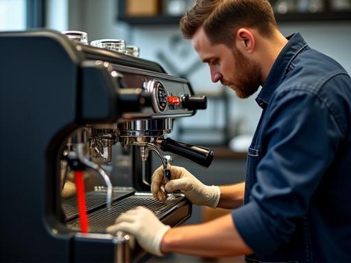 Tecnico qualificato che esegue la manutenzione su una macchina da espresso